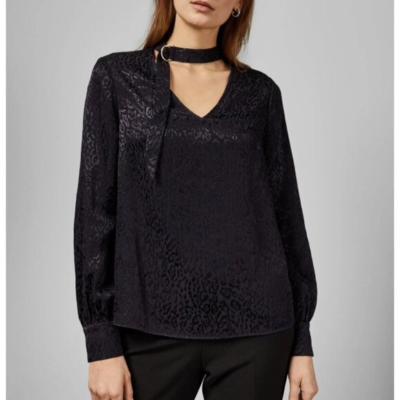 Ted Baker Satin Blouse Size 2 Dark Leopard Long Sleeve Jacquard Top Choker Neck - Picture 1 of 13